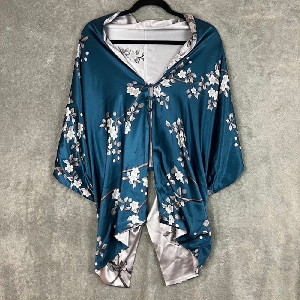Reversible Mulberry Shawl 100% Silk Womens OS Floral Satin Kimono Botanical - Picture 2 of 10